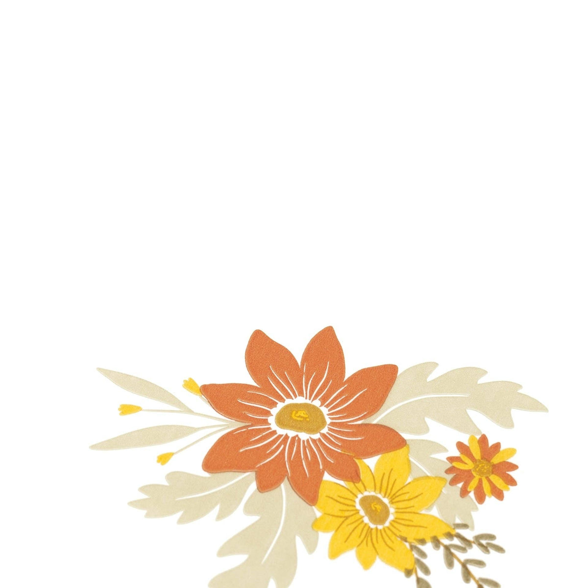 Close-up of the printed fall bouquet with a rust dahlia, yellow daisy, and sage leaves