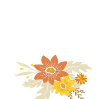 Close-up of the printed fall bouquet with a rust dahlia, yellow daisy, and sage leaves