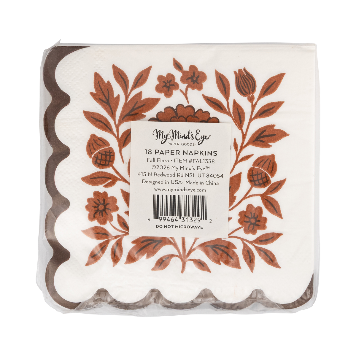 Pack of paper napkins with floral design and 'My Mind's Eye' branding, back view.