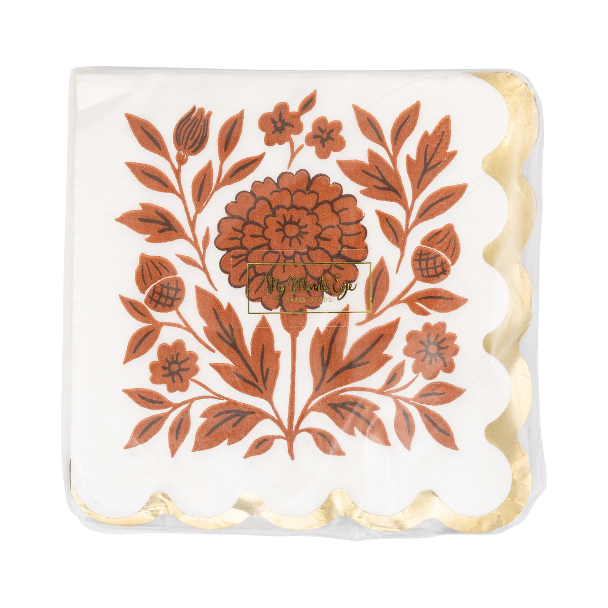 Stack of 18 fall floral napkins fanned to show the gold foil edge, and front view packaging. 