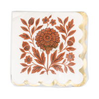Stack of 18 fall floral napkins fanned to show the gold foil edge, and front view packaging. 