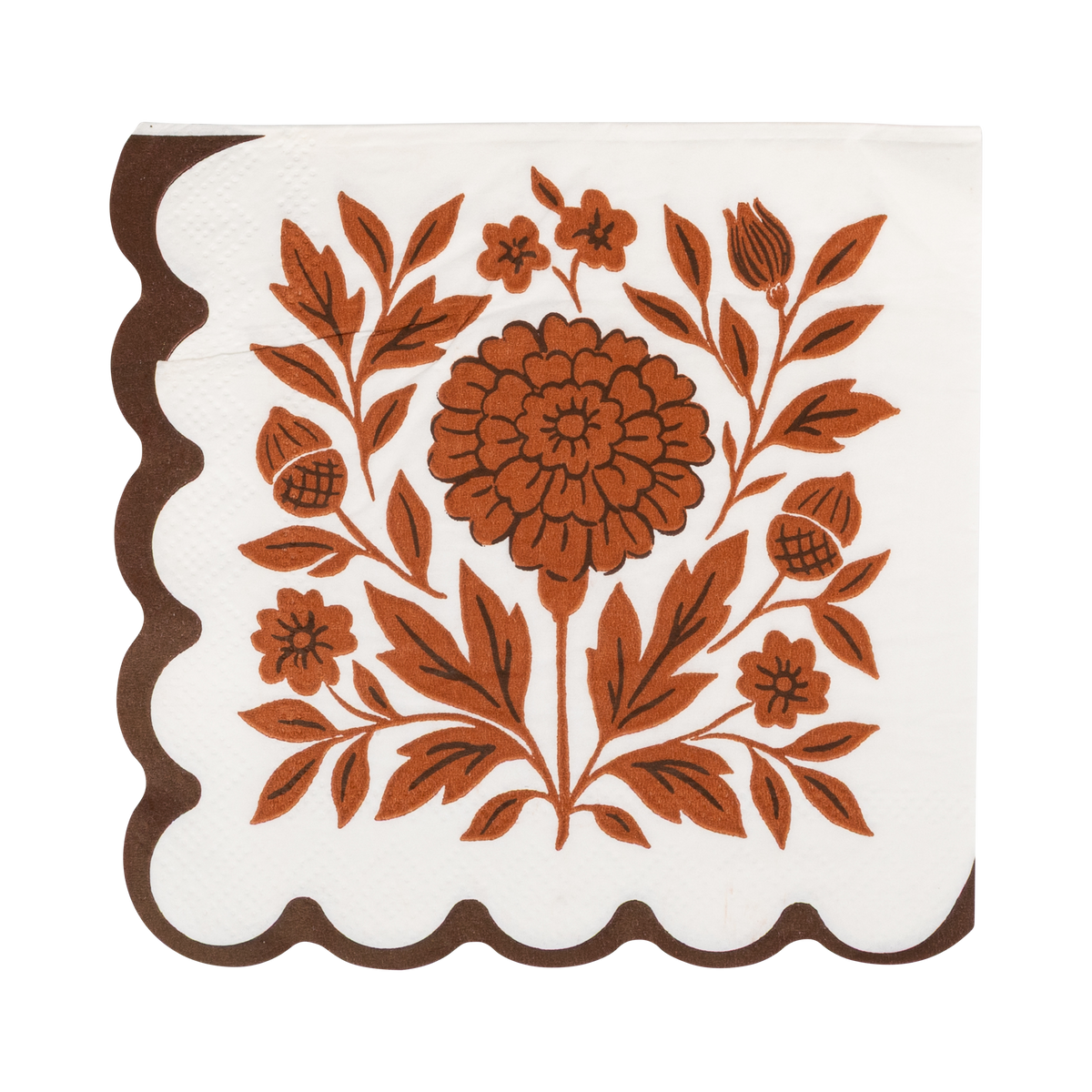 Close-up of the orange floral print and brown scalloped edge on the back side