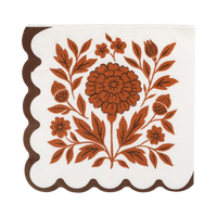 Close-up of the orange floral print and brown scalloped edge on the back side