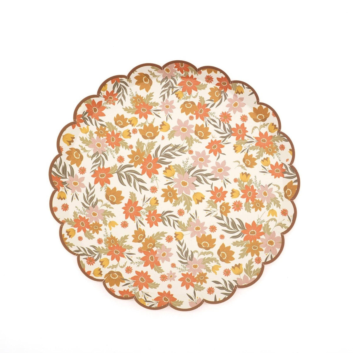 Cream fall floral dessert plate with a brown scalloped rim on a white background