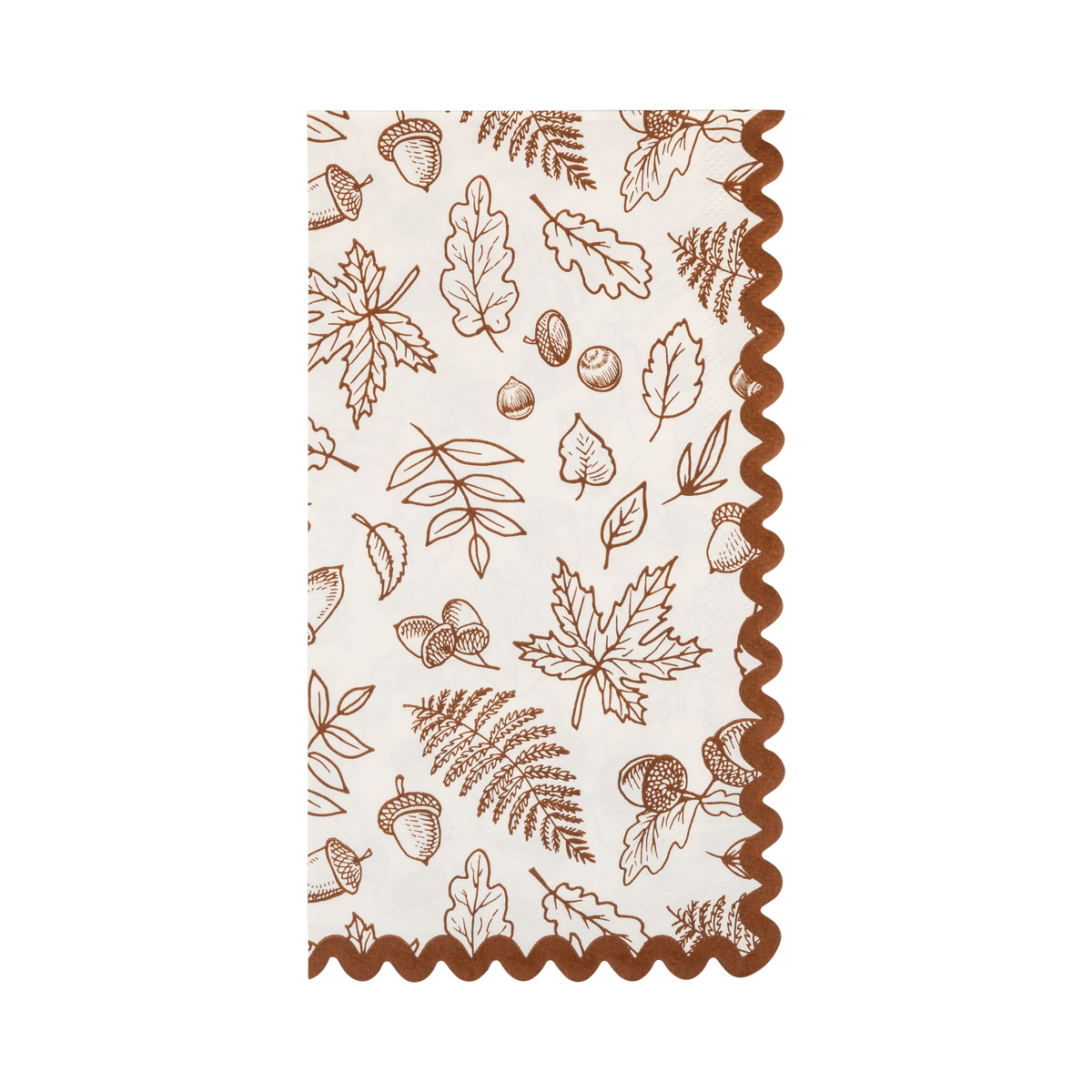 Cream dinner napkin with a brown "gather" foliage illustration and a brown wavy edge.