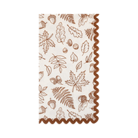 Cream dinner napkin with a brown "gather" foliage illustration and a brown wavy edge.
