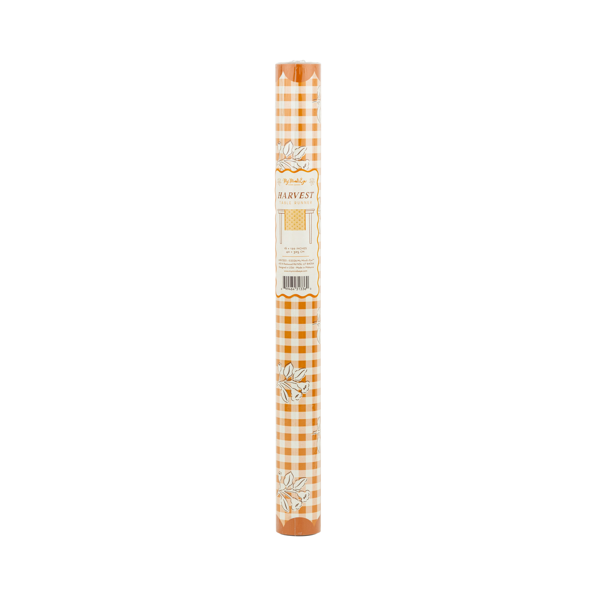 Fall paper table runner rolled up in packaging, showing the rust gingham block-print pattern.