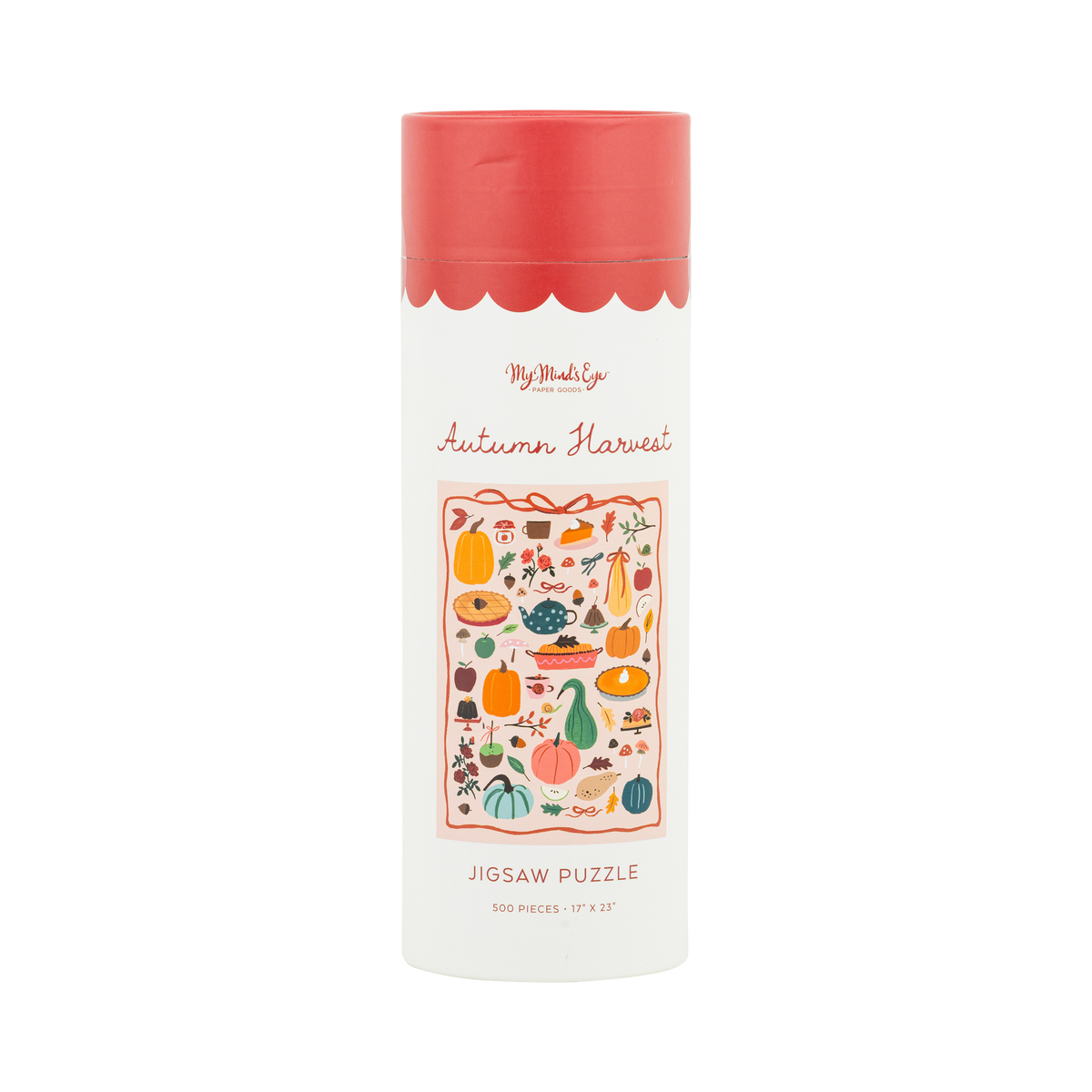 Fall harvest jigsaw puzzle box, cream with a scalloped pink lid, showing the colorful autumn illustration and "Autumn Harvest" label, front view.