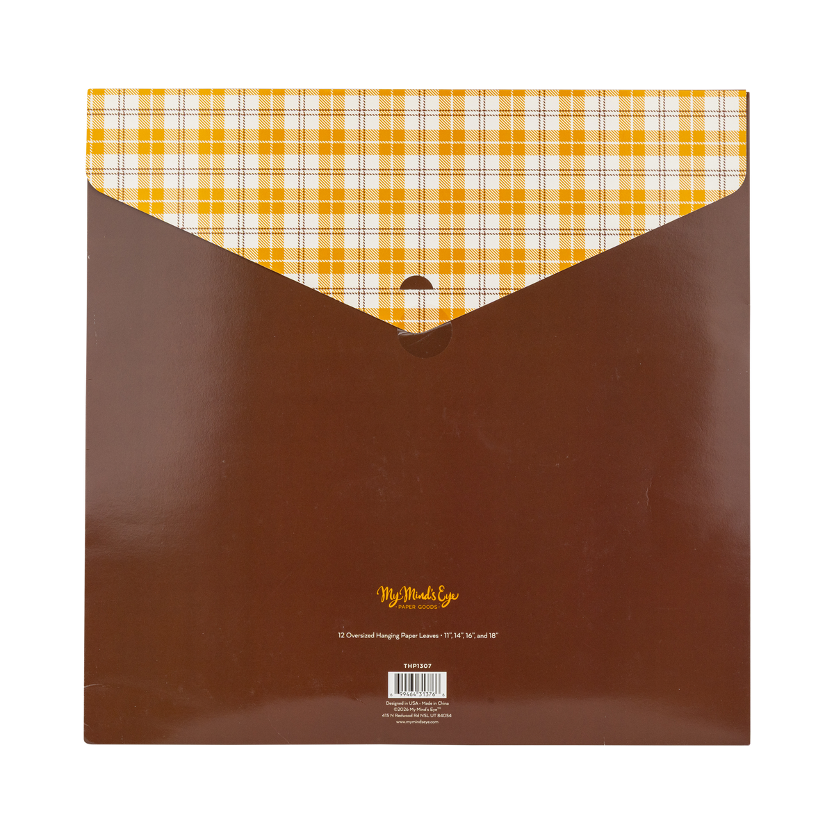 Front of fall leaf decorations packaging — brown envelope with an orange plaid flap and My Mind's Eye branding.
