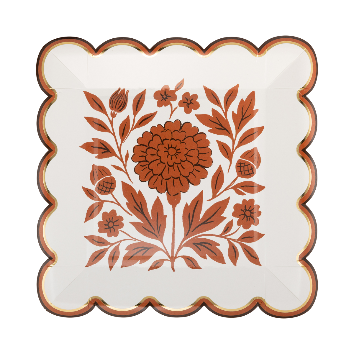 Cream scalloped paper plate with an orange marigold floral, brown edge, and gold foil accents, front view.
