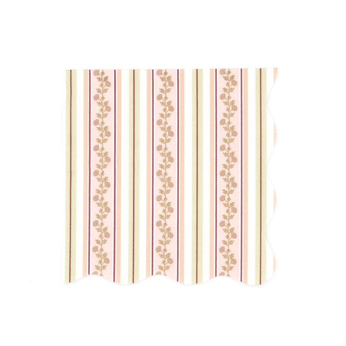 Fall cocktail napkin with floral vines and multi-tonal autumn stripes in rust, orange, burgundy, and gold on cream, flat view on white background.