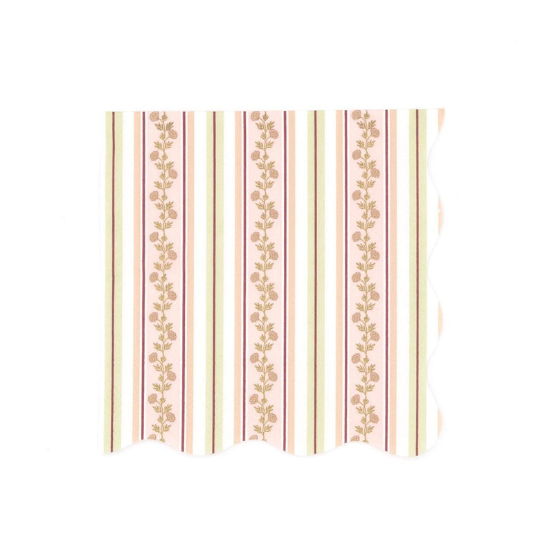 Fall cocktail napkin with floral vines and multi-tonal autumn stripes in rust, orange, burgundy, and gold on cream, flat view on white background.