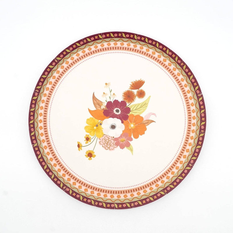 Cream fall dessert plate with a central autumn floral bouquet in burgundy, orange, rust, and gold, framed by an intricate burgundy-and-gold patterned border, overhead view on white background.