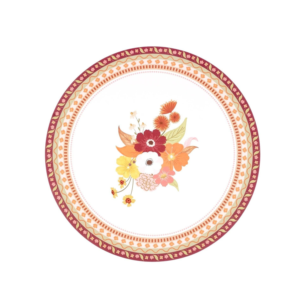 Cream round fall placemat with a central autumn floral bouquet in burgundy, orange, rust, and gold, framed by an intricate patterned border, overhead view on white background.