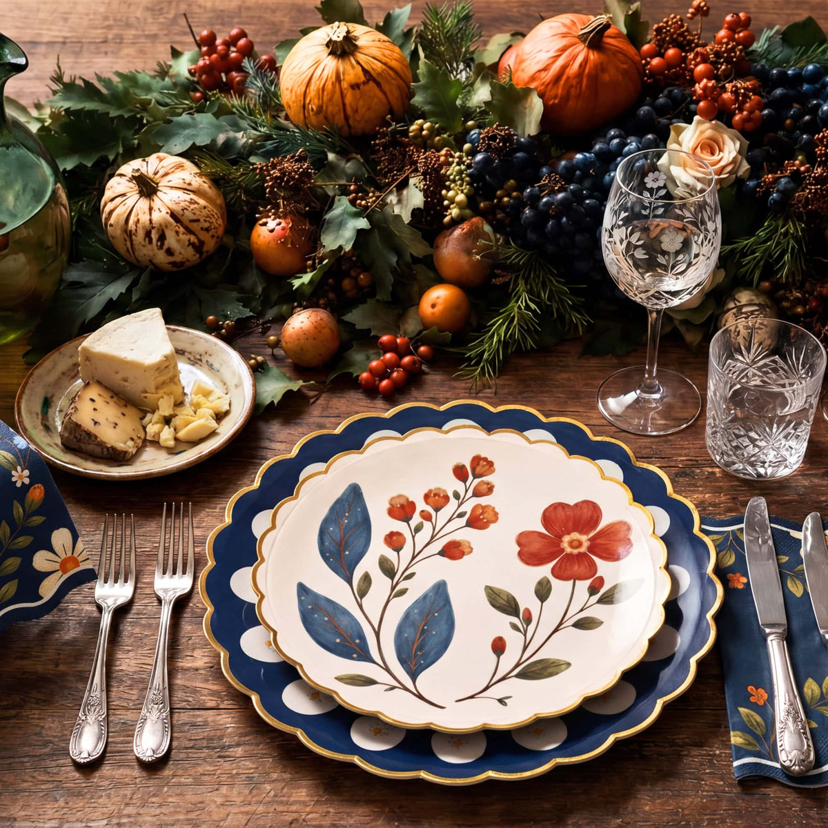 Fall dinner place setting with a wildflower plate layered on a navy doily plate beside cheese and a pumpkin centerpiece
