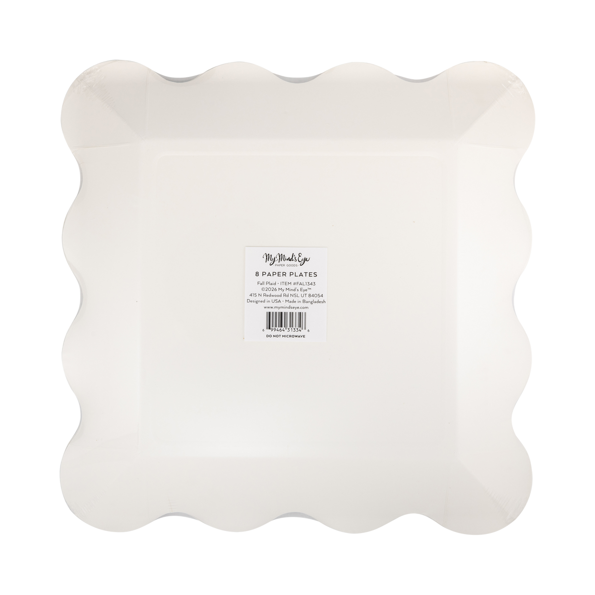 Back view of a scalloped paper plate with 'My Mind's Eye' branding on a clear packaging.