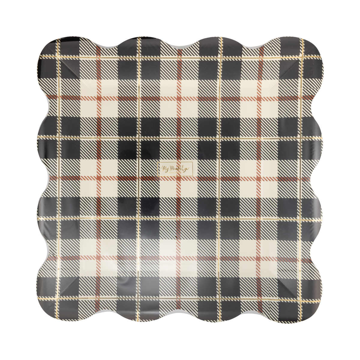 Stack of 8 fall plaid patterned square plates with scalloped edge on a clear packaging.