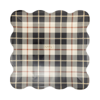 Stack of 8 fall plaid patterned square plates with scalloped edge on a clear packaging.