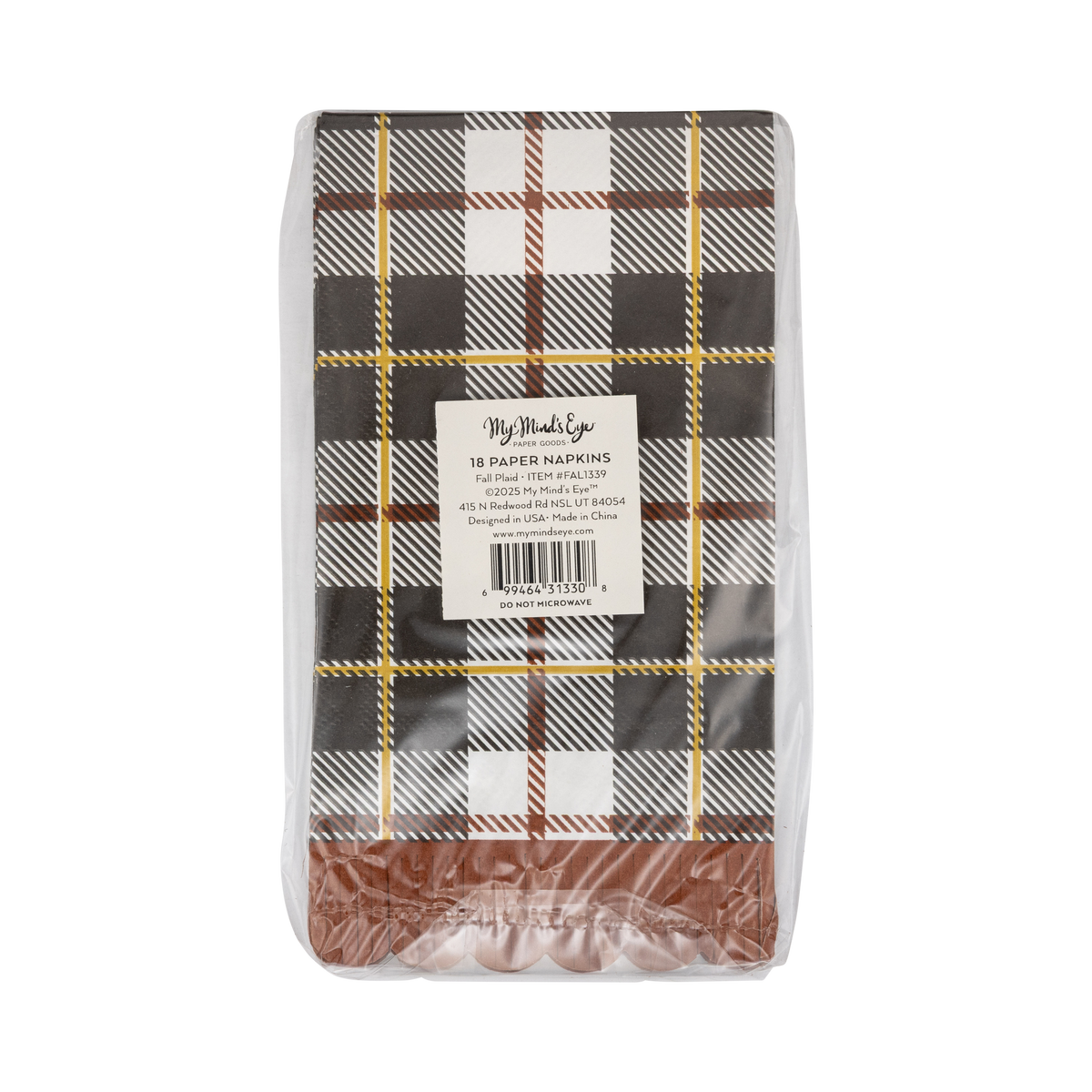 Pack of an 18 paper napkins with plaid design on colors orange, yellow, cream, black, and gold accents.