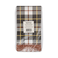 Pack of an 18 paper napkins with plaid design on colors orange, yellow, cream, black, and gold accents.