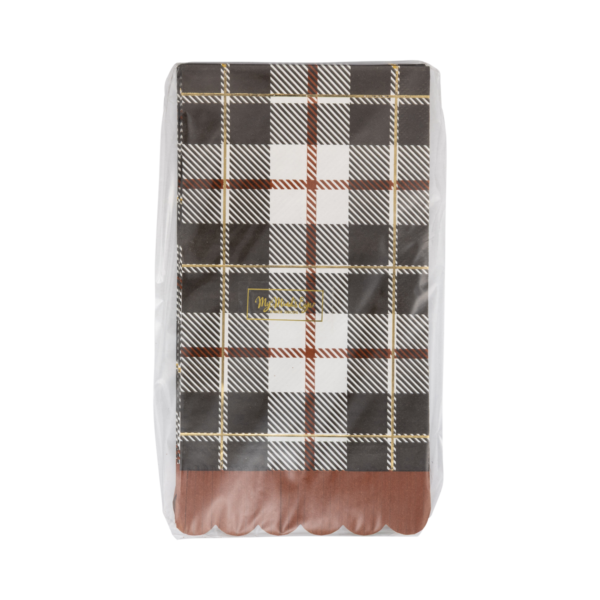 Plaid-patterned paper napkin packaging on a white background. 