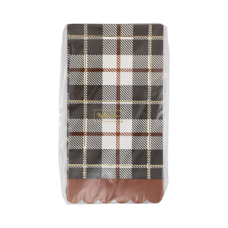 Plaid-patterned paper napkin packaging on a white background. 