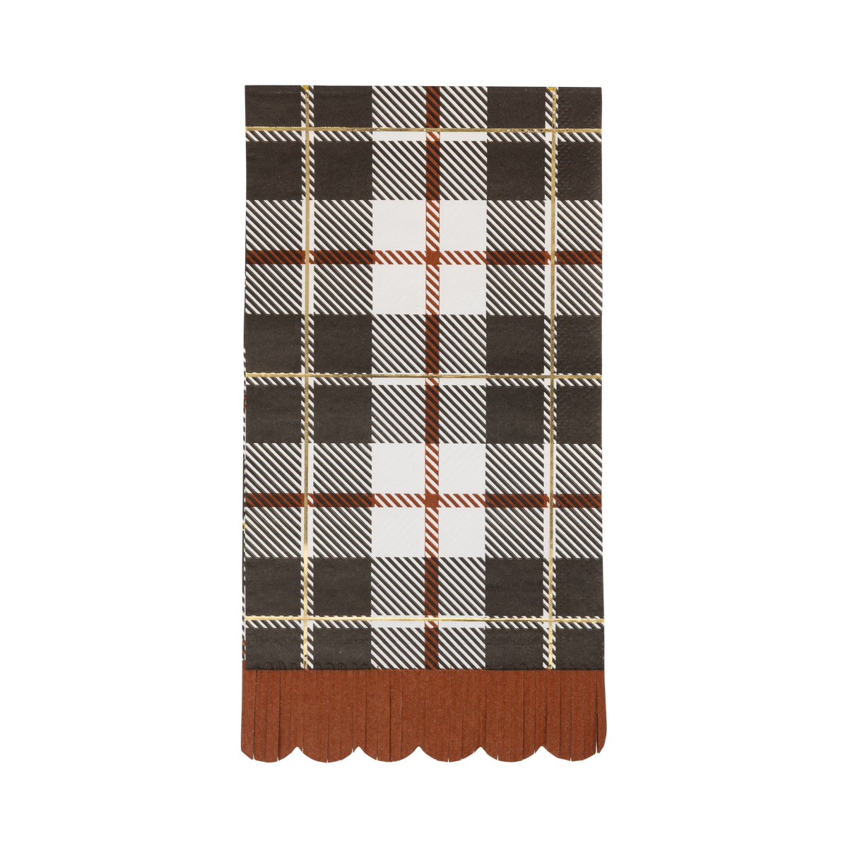 Plaid patterned napkin with orange scalloped edge, and gold accents.