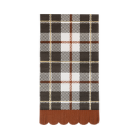 Plaid patterned napkin with orange scalloped edge, and gold accents.