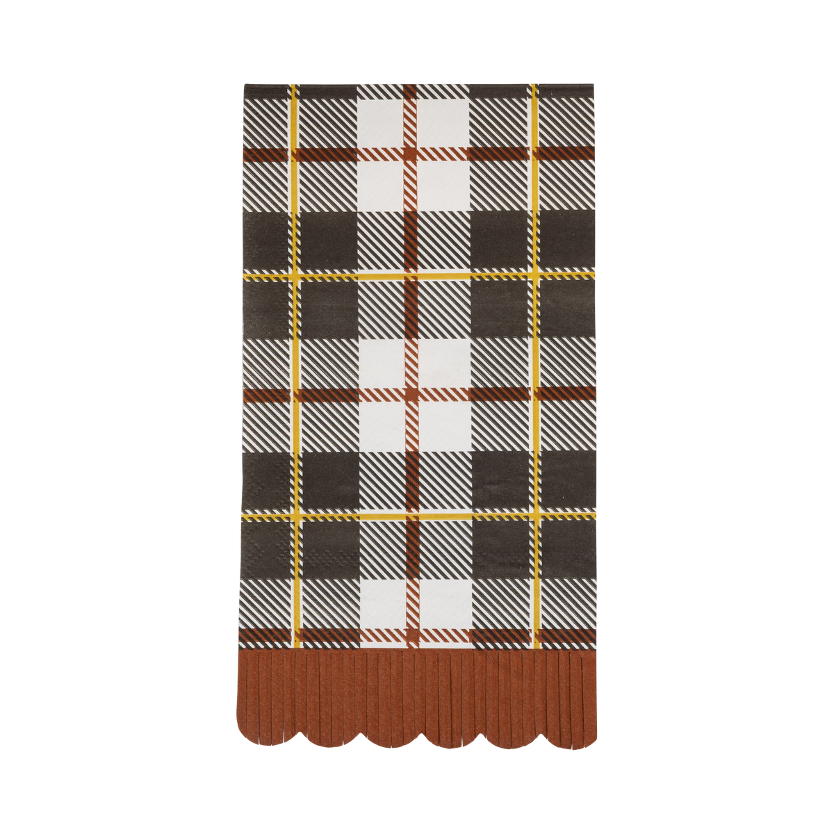 Black, orange, and cream fall plaid dinner napkin with gold foil and an orange scalloped edge, front view.