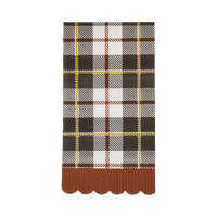 Black, orange, and cream fall plaid dinner napkin with gold foil and an orange scalloped edge, front view.