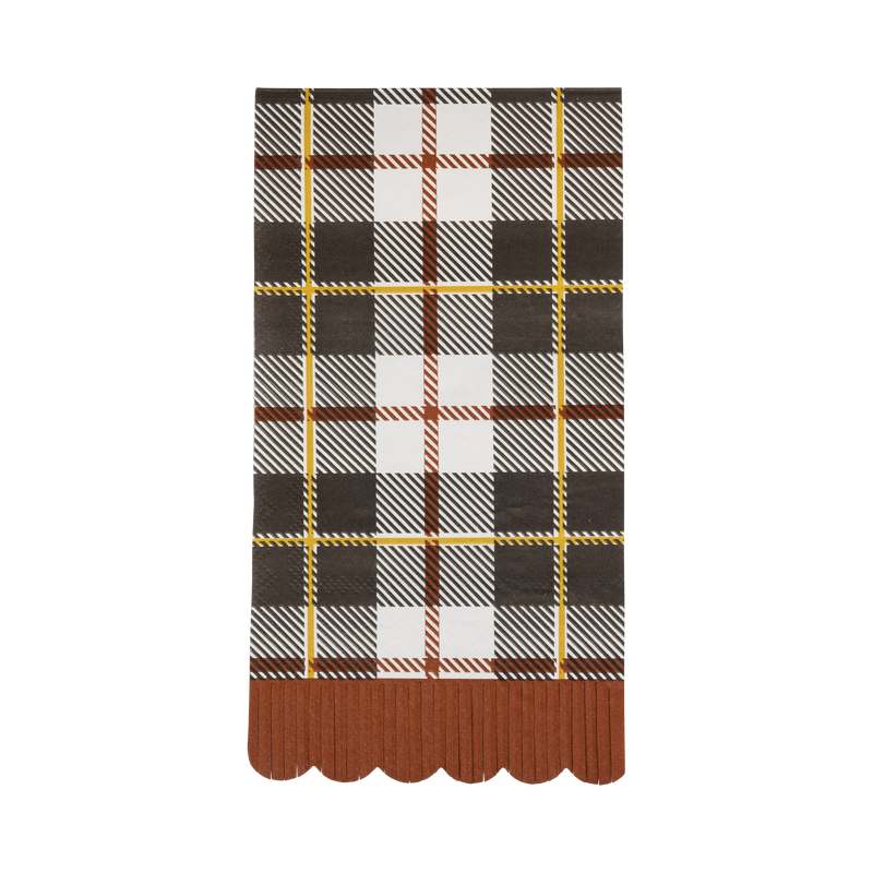Black, orange, and cream fall plaid dinner napkin with gold foil and an orange scalloped edge, front view.