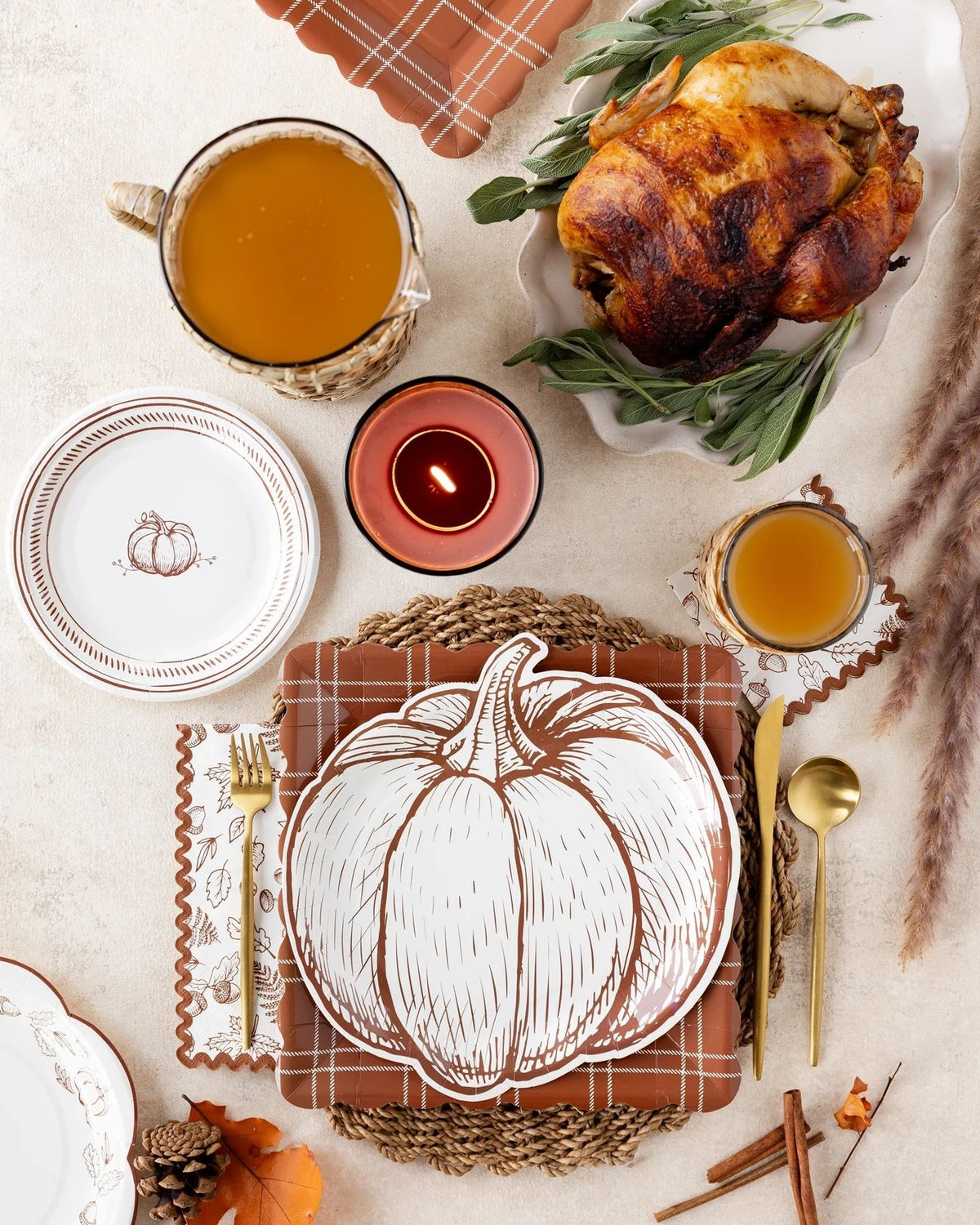 Rustic Thanksgiving tablescape featuring Happy Harvest pumpkin-shaped paper plates, autumn plaid placemats, fall napkins, roasted turkey, and warm harvest table decorations.