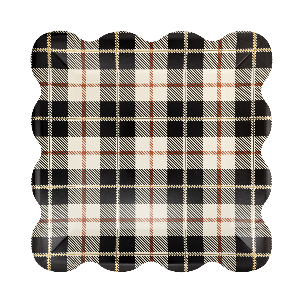 Black, cream, and orange fall plaid square paper plate with gold foil and a wavy edge, front view.