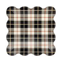 Black, cream, and orange fall plaid square paper plate with gold foil and a wavy edge, front view.
