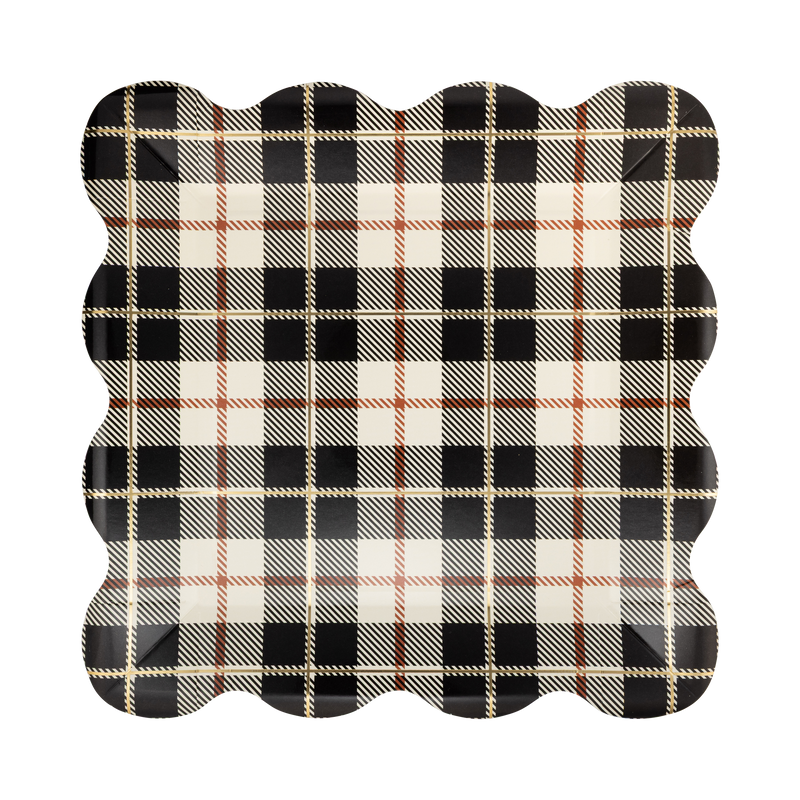 Black, cream, and orange fall plaid square paper plate with gold foil and a wavy edge, front view.