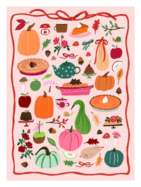 Fall pumpkin and pie illustrated puzzle art with pumpkins, apples, pies, teapot, mushrooms, acorns, roses and leaves on pink with a red ribbon border