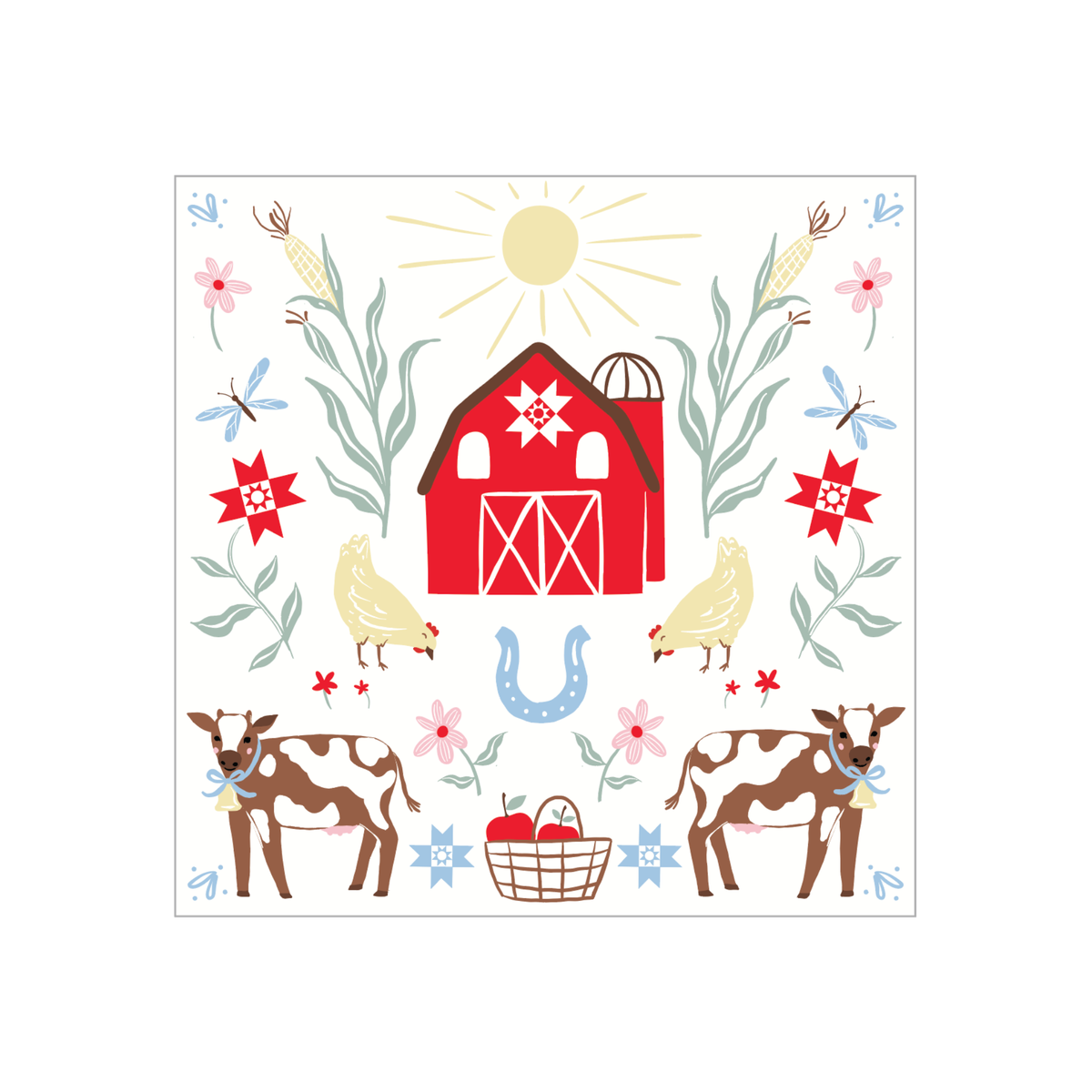 Countryside farm animal paper napkin with a red barn, cows, and florals