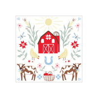 Countryside farm animal paper napkin with a red barn, cows, and florals
