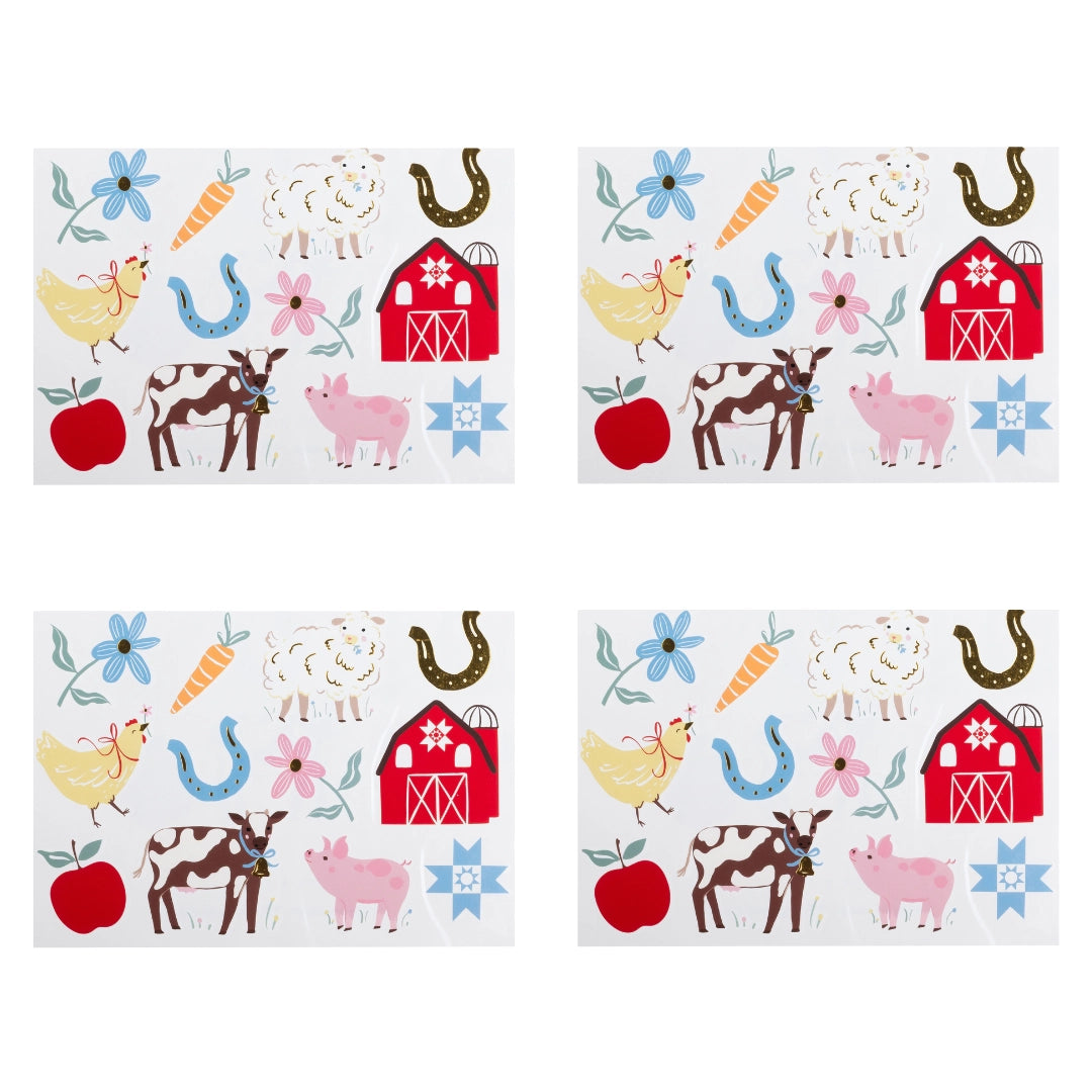 Four farm animal tattoo sheets with a cow, pig, chicken, sheep, and red barn