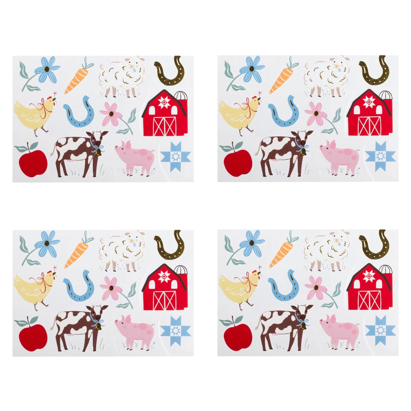 Four farm animal tattoo sheets with a cow, pig, chicken, sheep, and red barn
