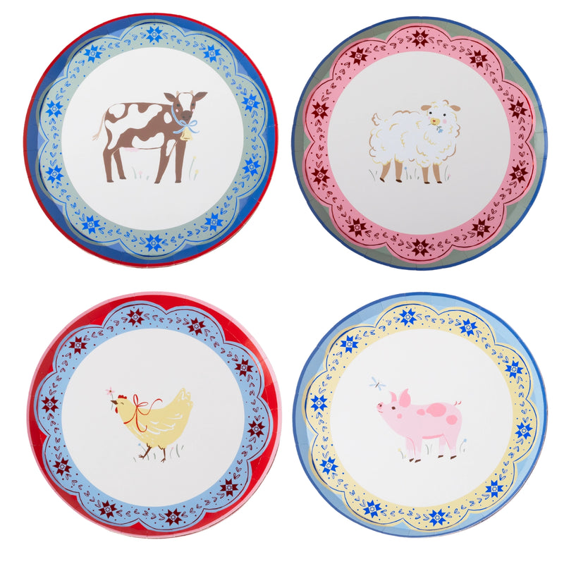 Four Countryside farm animal small plates with a cow, chicken, sheep, and pig in a quiltwork-star rim