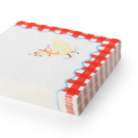Farm chicken cocktail napkin with an illustrated hen on white and a red gingham border