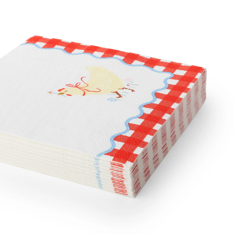 Farm chicken cocktail napkin with an illustrated hen on white and a red gingham border