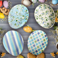 Easter plates shaped like oval eggs with different blue and green designs - perfect for Spring Table