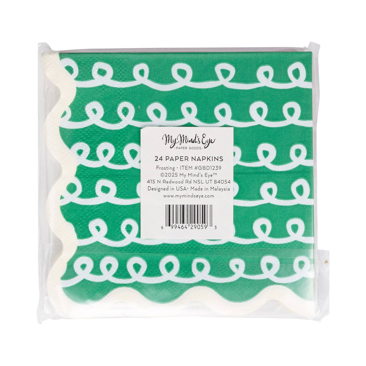 Back packaging of Frosting Cocktail Napkin Set showing green napkin design and product label.