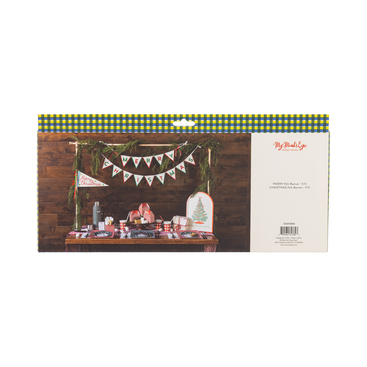 Back of the felt banner packaging showing the banner styled in a room.