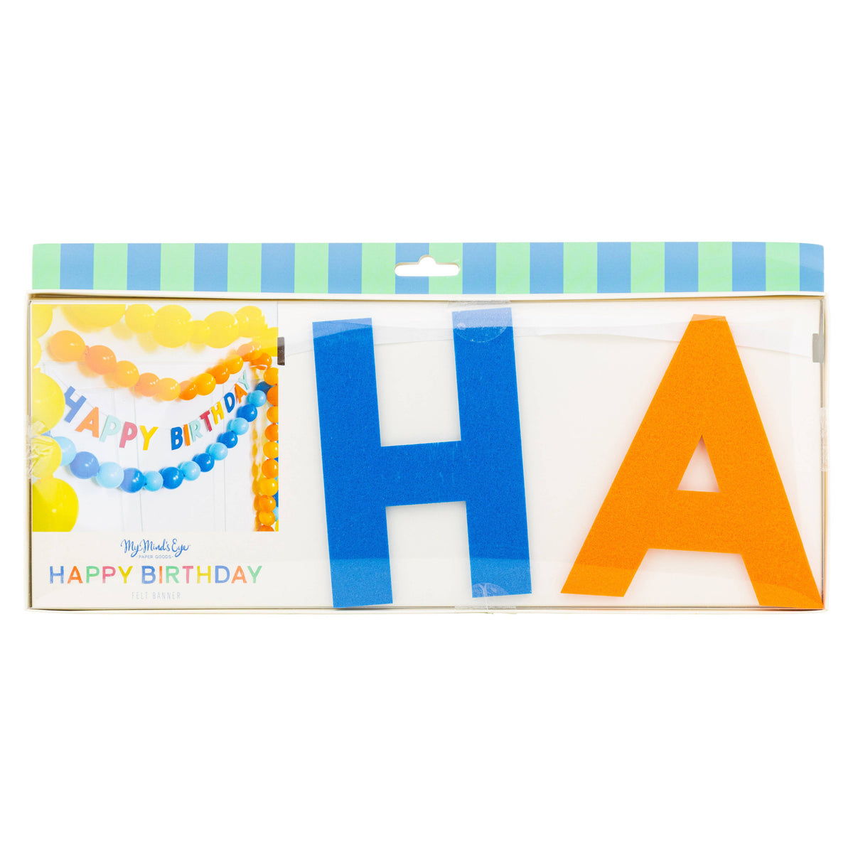Close up view of the blue and orange puffy felt letters inside the retail packaging.