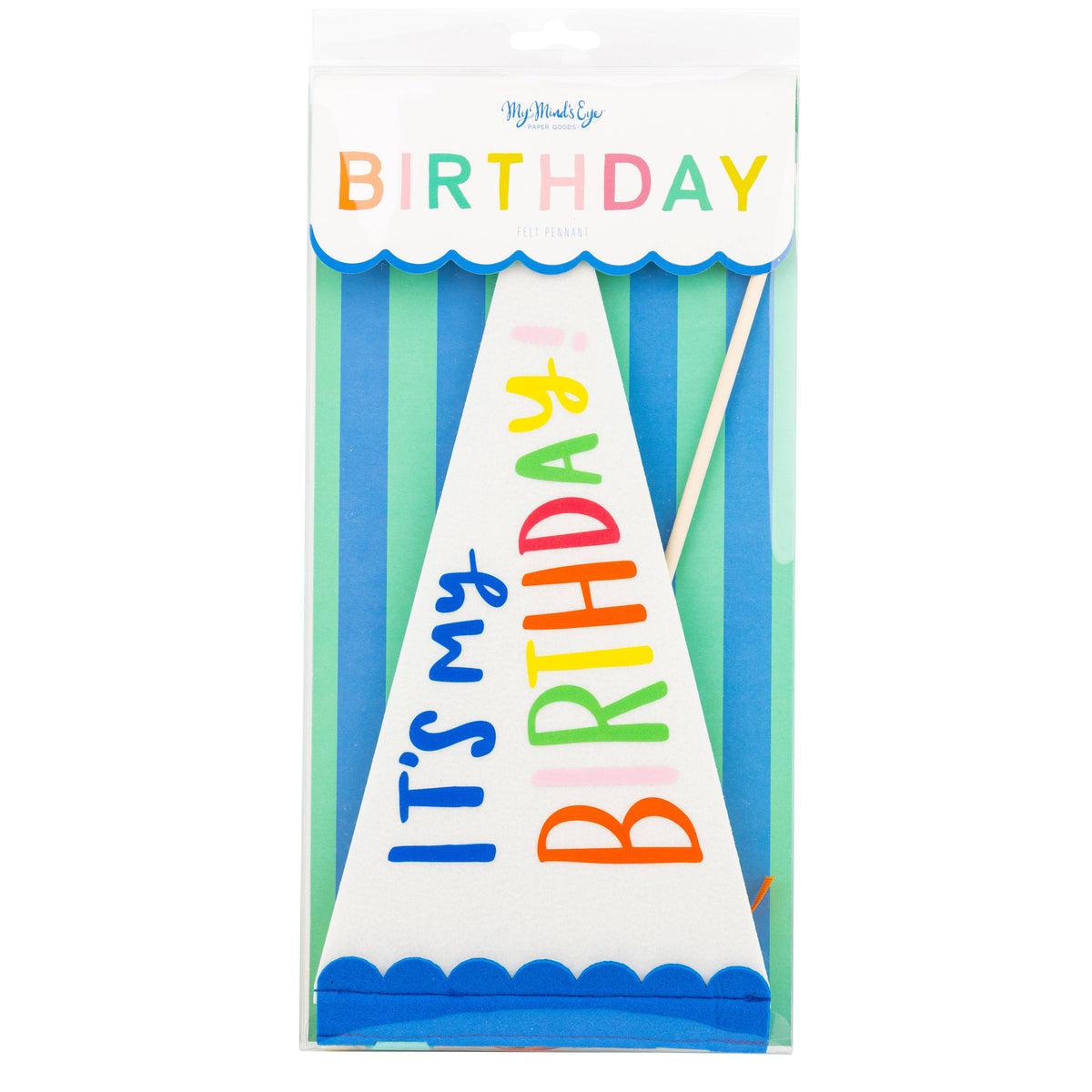 Retail packaging for the "It's My Birthday" Felt pennant banner with colorful vibrant lettering.