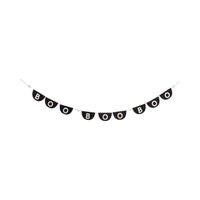 Isolated product hero on pure white background: full six-foot felt Halloween banner pulled taut in slight curve. Nine black half-moon pennants edged with white stitching display alternating B and O letters; four cream pom-poms add dimension. Clean negative space spotlights shape, length and hanging loops, enabling customers to gauge scale and compatibility with mantels, shelves or outdoor arches for effortless seasonal decorating.