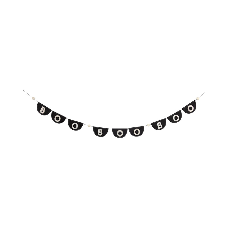 Isolated product hero on pure white background: full six-foot felt Halloween banner pulled taut in slight curve. Nine black half-moon pennants edged with white stitching display alternating B and O letters; four cream pom-poms add dimension. Clean negative space spotlights shape, length and hanging loops, enabling customers to gauge scale and compatibility with mantels, shelves or outdoor arches for effortless seasonal decorating.